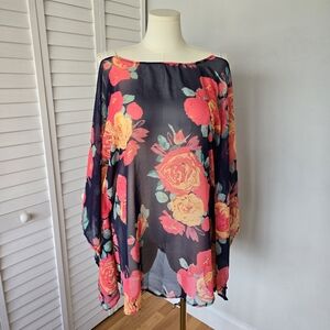 Boho Floral Fringe Caftan Tunic Dress Womens OS Festival Sheer Beachy Vibes Glam